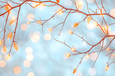 Captivating image of delicate branches adorned with soft glowing lights set against a serene blue backdrop, evoking a whimsical and tranquil atmosphere.の写真素材