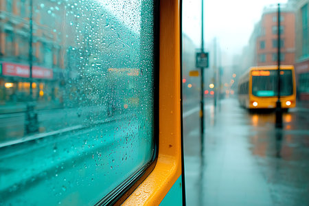 A close-up view from inside a tram showing a rainy city street. Vibrant colors blend with the gloomy...