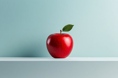 A vibrant red apple with a green leaf sits on a clean, minimalistic surface against a pale background. Ideal for health and nutrition themes.の写真素材