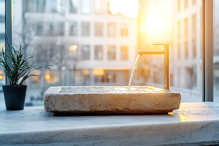 This captivating image showcases a modern bathroom sink with flowing water. The serene setting is highlighted by warm sunlight entering through a window, offering a peaceful ambiance.の写真素材