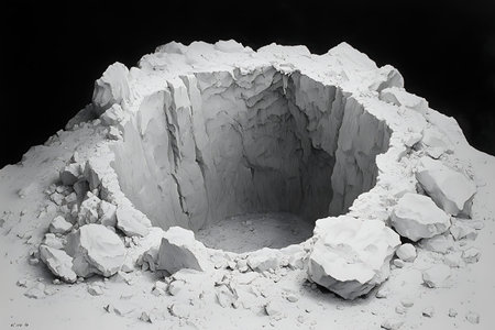 A striking deep cylindrical hollow in white rock displays rough edges and surrounding debris. The...