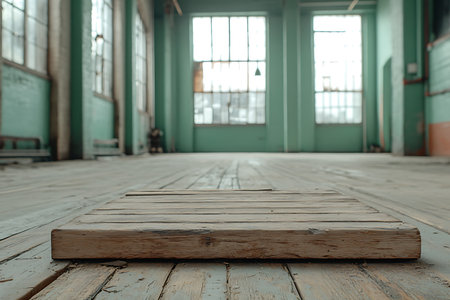 A wooden pallet rests on a spacious industrial floor, illuminated by sunlight through large windows. The walls add a tranquil, artistic vibe suitable for various creative projects.の写真素材