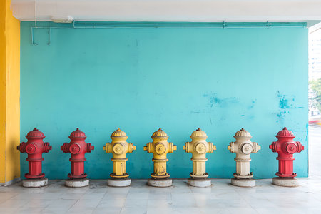 A striking alignment of colorful fire hydrants creates a vibrant city scene, showcasing urban design in an eye-catching arrangement against a bold blue backdrop.の写真素材