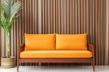 A chic and modern orange sofa with plush cushions set against a stylish wooden slat wall, complemented by a vibrant indoor plant, enhancing interior aesthetics.の写真素材
