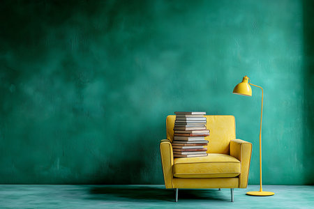 This image features a cozy yellow chair adorned with a stack of books, illuminated by a stylish floor lamp. The vibrant green wall creates a serene backdrop, perfect for reading or relaxation.の写真素材