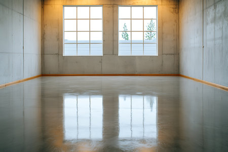 Spacious and minimalistic interior scene featuring polished concrete flooring and prominent windows that provide ample natural light and reflections.の写真素材