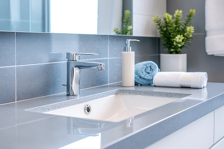 A sleek bathroom sink with a modern faucet and stylish accessories showcases minimalist design. The clean lines and gray tones enhance relaxation and beauty.の写真素材