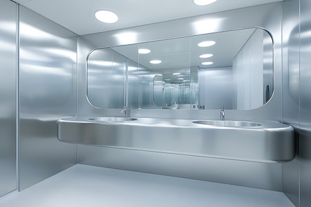 This modern bathroom showcases a sleek design featuring metal finishes and large mirrors that enhance light and space, creating an elegant and practical environment.の写真素材