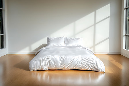 A bright and airy minimalist bedroom showcases soft white bedding and natural light streaming through large windows, creating a peaceful retreat.の写真素材