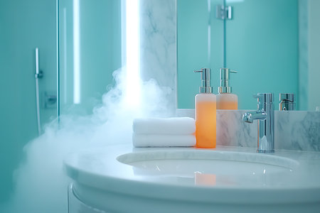 Enjoy a serene and modern bathroom scene showcasing elegant marble surfaces, luxurious amenities, and a calming atmosphere. Perfect for spa-like inspiration.の写真素材