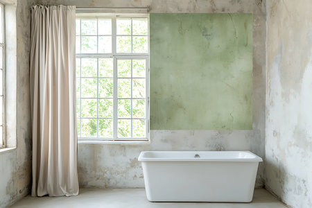 A serene bathroom scene showcasing a white bathtub beneath a large window, creating a peaceful...