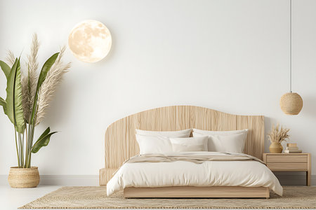 A serene minimalist bedroom featuring natural materials, warm colors, and decorative plants, creating a cozy and tranquil atmosphere ideal for restful sleep.の写真素材