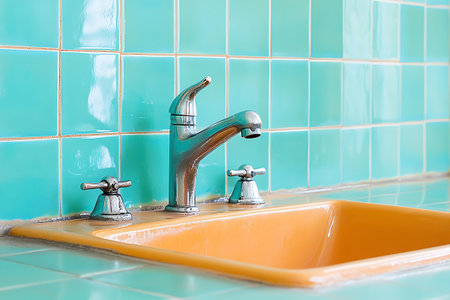This image features a vibrant kitchen sink with an orange basin and stylish chrome faucet set against teal wall tiles. Perfect for modern home decor inspiration.の写真素材