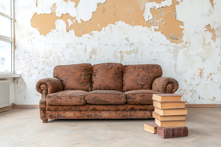 A vintage brown sofa sits against a peeling wall, accompanied by a stack of old books, creating a...