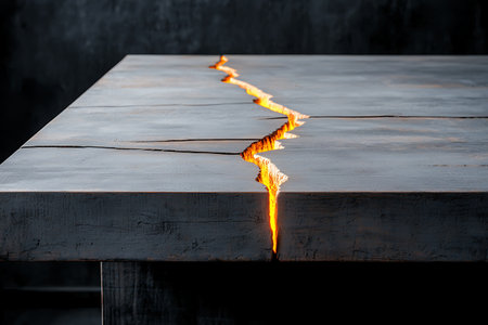 This striking modern table features a unique crack illuminated by soft light, creating a stunning contrast against a dark surface, ideal for contemporary interiors.の写真素材