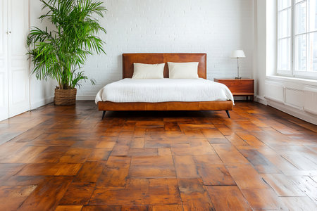 A modern bedroom showcasing a cozy atmosphere with a wooden floor, serene decor, and a lush plant. Ideal for serene interior design inspiration.の写真素材