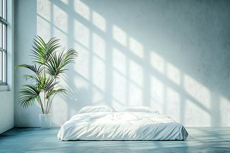 A tranquil minimalist bedroom featuring a simple bed, indoor plant, and gentle sunlight creating calming shadows, perfect for relaxation and peace.の写真素材