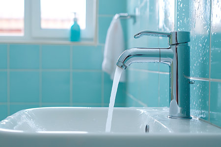 A modern bathroom scene featuring a sleek sink faucet with running water set against vibrant turquoise tiles, creating a fresh and inviting atmosphere.の写真素材