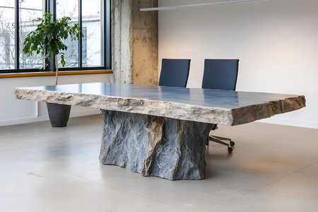 Discover a unique rustic modern conference table that blends natural stone and wood, creating an...