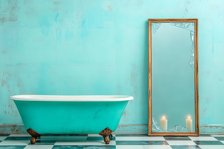 Discover a serene bathroom scene featuring a vintage bathtub, mint green walls, and a cracked mirror. Perfect for relaxation and inspiration in home decor.の写真素材