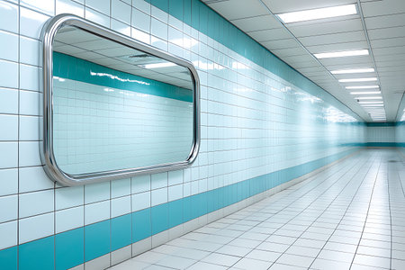 A contemporary subway corridor showcasing a large mirror framed in metal, surrounded by vibrant blue and white tiles, emphasizing cleanliness and modern design.の写真素材