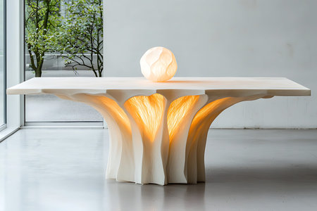 This striking artistic table features a unique organic base with soft internal lighting, creating a...