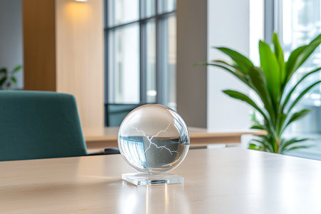 A striking transparent sphere featuring a lightning design adds a unique touch to a modern office desk. A perfect blend of decor and inspiration.の写真素材