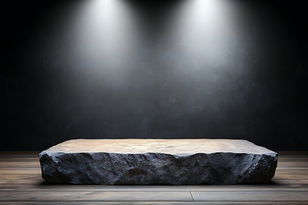 A striking stone platform sits under dramatic lighting, creating a perfect showcase for interior design elements. Ideal for artistic and commercial use.の写真素材