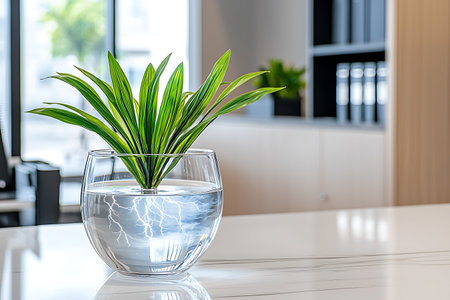 A sophisticated indoor plant arrangement featuring a water element beautifully enhances a modern office space, creating a refreshing and tranquil atmosphere.の写真素材