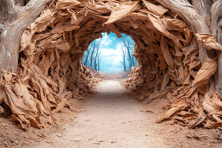 A captivating pathway emerges through a tunnel of dried leaves and twisted branches, inviting exploration in a serene forest setting.の写真素材