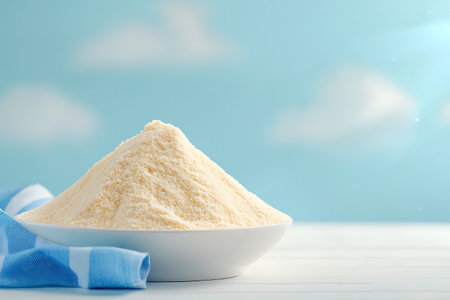 A fine powder pile sits elegantly on a white plate, creating a soft and inviting atmosphere against a dreamy blue background with clouds.の写真素材