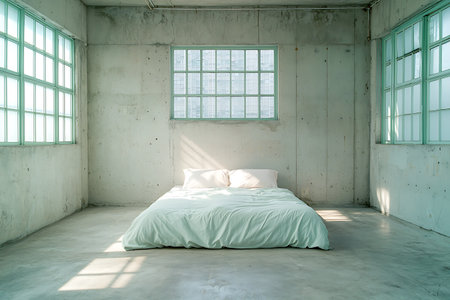 A serene minimalist bedroom featuring a bed with soft bedding against concrete walls, illuminated by natural light. An inviting retreat for relaxation.の写真素材