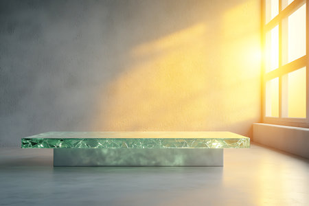 A minimalist glass table sits elegantly in a contemporary interior, illuminated by warm sunlight streaming through a large window, creating a tranquil atmosphere.の写真素材