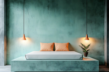 Explore a modern minimalist bedroom featuring a serene green wall and a cozy bed with soft accents. The warm ambient lighting creates a peaceful retreat.の写真素材