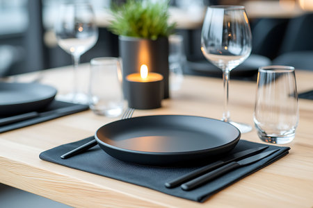 A beautifully arranged dining table featuring a black plate, elegant glassware, and decorative elements. Perfect for upscale dining experiences.の写真素材