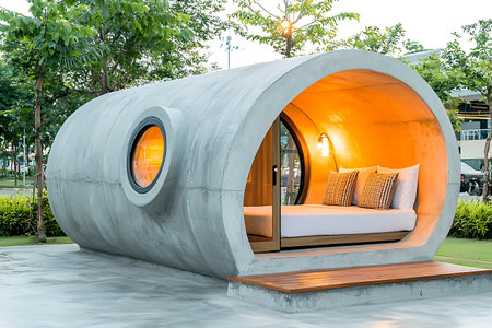 Discover a unique circular concrete cabin nestled in nature, featuring inviting interior lighting and a serene outdoor space perfect for relaxation and retreat.の写真素材