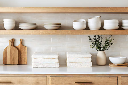 Elegant kitchen setting featuring modern shelves with white dishware, neatly folded towels, and a decorative vase, creating a warm and inviting atmosphere.の写真素材