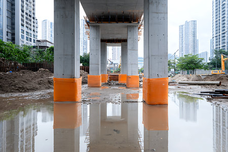 A modern urban construction site featuring large concrete pillars surrounded by water puddles and building materials, showcasing the development process.の写真素材