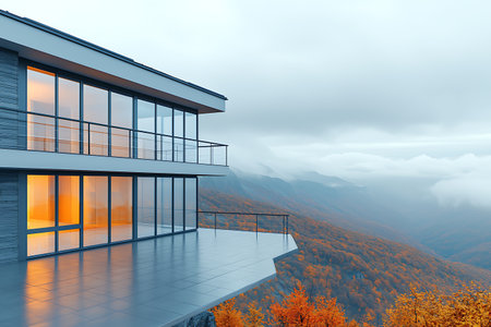 A stunning modern home featuring expansive glass walls and a sleek balcony, set against a backdrop of vibrant autumn colors in the serene mountains.の写真素材