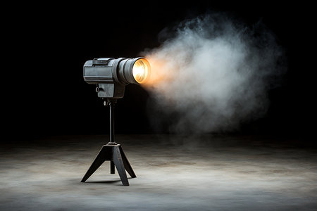 A film light projector casts a stunning beam through smoke, creating a captivating atmosphere. Ideal for studio photography and cinematic projects.の写真素材