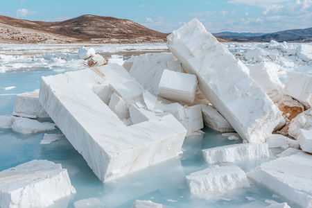 Large ice blocks rest on a frozen water surface, surrounded by rocky mountains under a clear sky. The scene captures the serene beauty of winter landscapes.の写真素材
