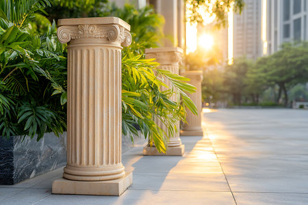 Beautiful classical columns stand amidst lush greenery in an urban environment, illuminated by warm sunrise light. A perfect blend of nature and architecture.の写真素材