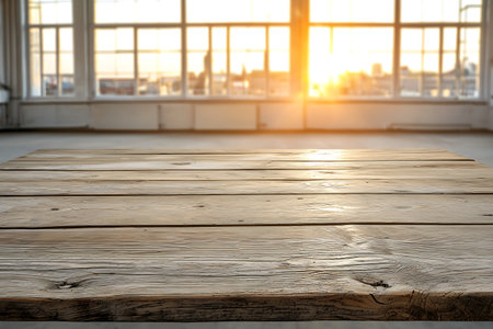 A rustic wooden table captures the warm glow of a golden sunset in a spacious modern room, inviting relaxation and creativity.の写真素材