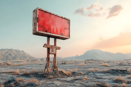 A striking image of an abandoned vintage sign in a vast desert landscape at sunset. The rustic and weathered appearance evokes feelings of nostalgia and solitude.の写真素材