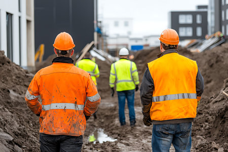 Construction workers wearing safety gear monitor their site, focusing on teamwork and safety in an active development area.の写真素材