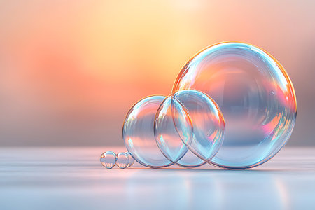 Vibrant soap bubbles capture the soft colors of a dreamy sunrise, creating a calm and serene atmosphere. Perfect for themes of beauty and tranquility.の写真素材