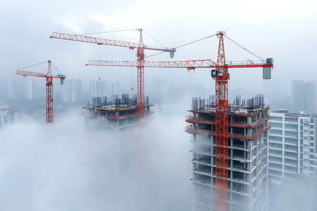 This aerial photograph captures cranes atop construction sites enveloped in fog, showcasing the urban building process. The image highlights modern architecture and industrial activity.の写真素材