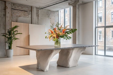 A beautifully designed modern interior featuring a unique table and vibrant floral arrangement,...