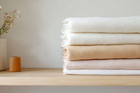 This image features soft textiles neatly stacked in neutral tones on a wooden shelf, showcasing a minimalist decor style that enhances any space.の写真素材