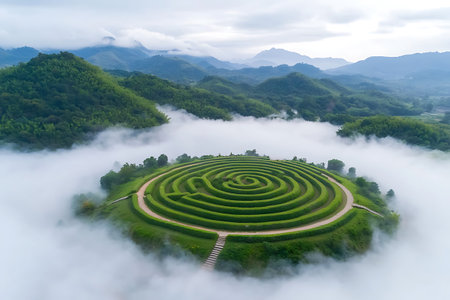 This captivating aerial view features a spiraling green maze nestled in mist, surrounded by lush hills, creating a serene and tranquil landscape.の写真素材